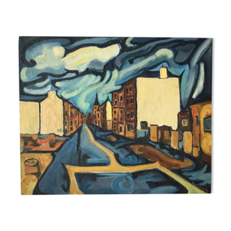 Painting painted on wood "village under the storm"