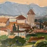 Peinture à l’huile de paysage impressionniste suédois du milieu du 20e siècle « Marbella » années 1960