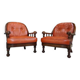 Pair of 60s armchairs in leather and wood