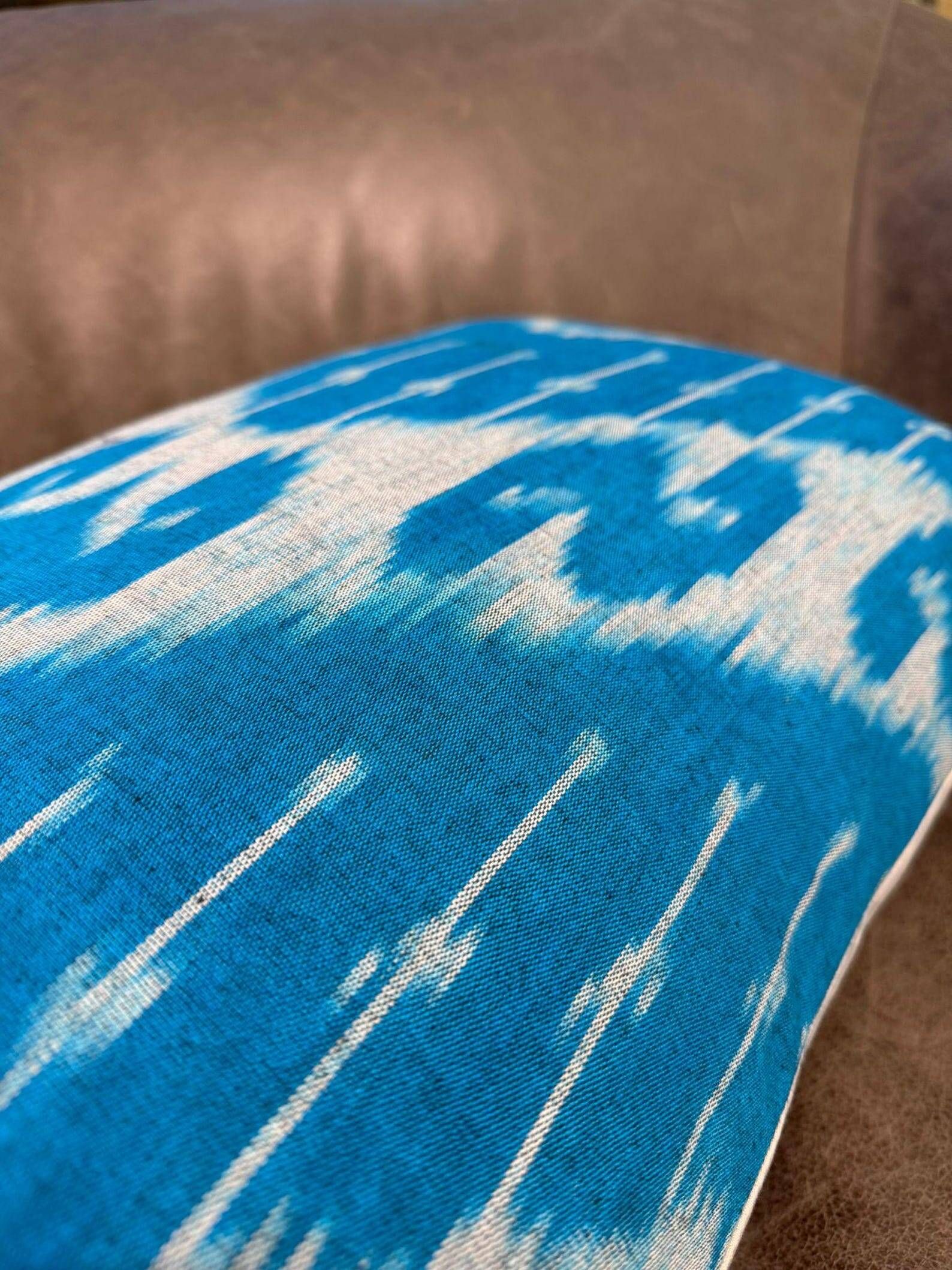 Handmade Silk Ikat Lumbar Cushion Cover, Sky Blue Oval Print Pillow Case