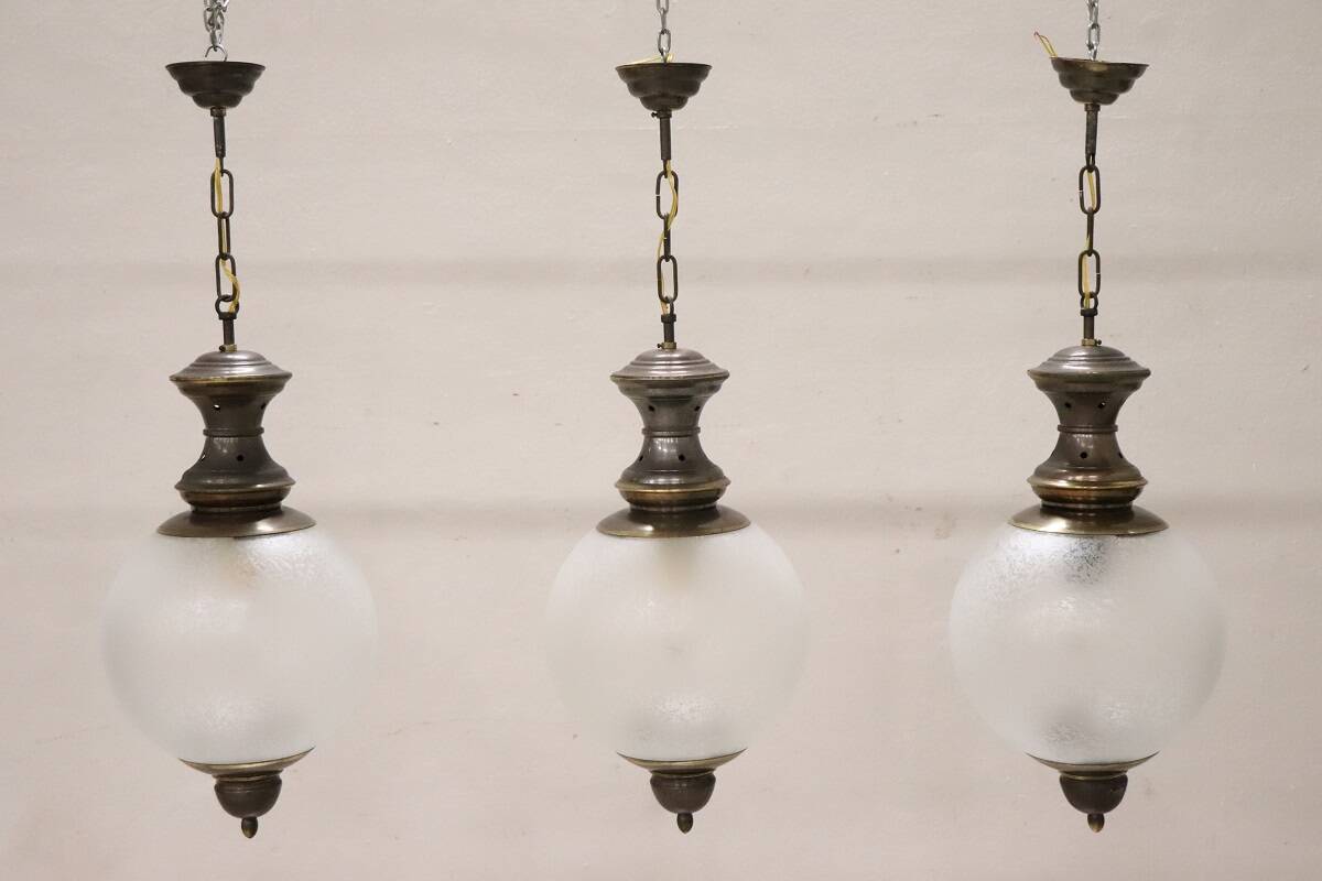 Brass and Glass Pendant Lamps, 1960s, Set of 3