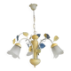 Vintage French 3 Light Chandelier with Blue & Yellow Leaf Glass Shades 5064