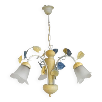 Vintage French 3 Light Chandelier Blue & Yellow Leaves Glass Shades 5064