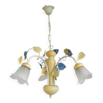Vintage French 3 Light Chandelier with Blue & Yellow Leaf Glass Shades 5064