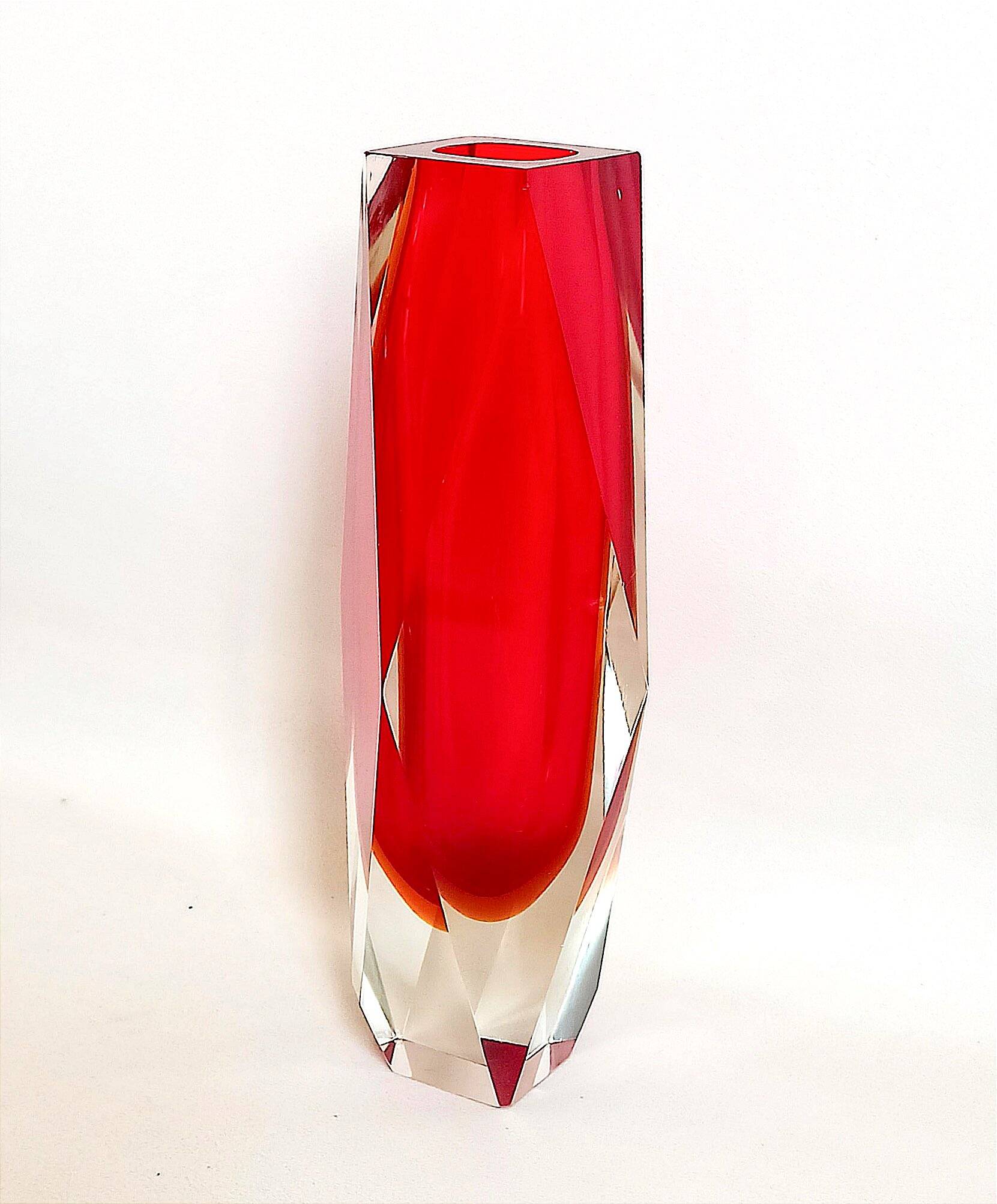 Bright red Murano Sommerso faceted vase 1960s Height 30 cm