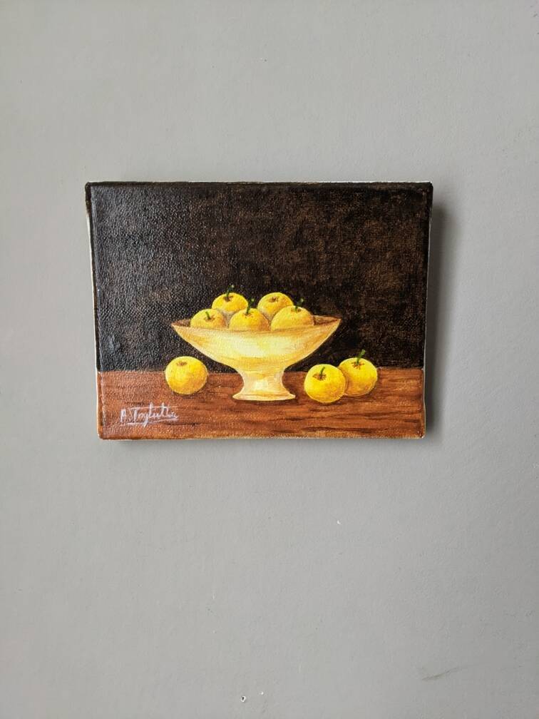 Petit tableau huile sur toile nature morte jaune & marron esprit campagne