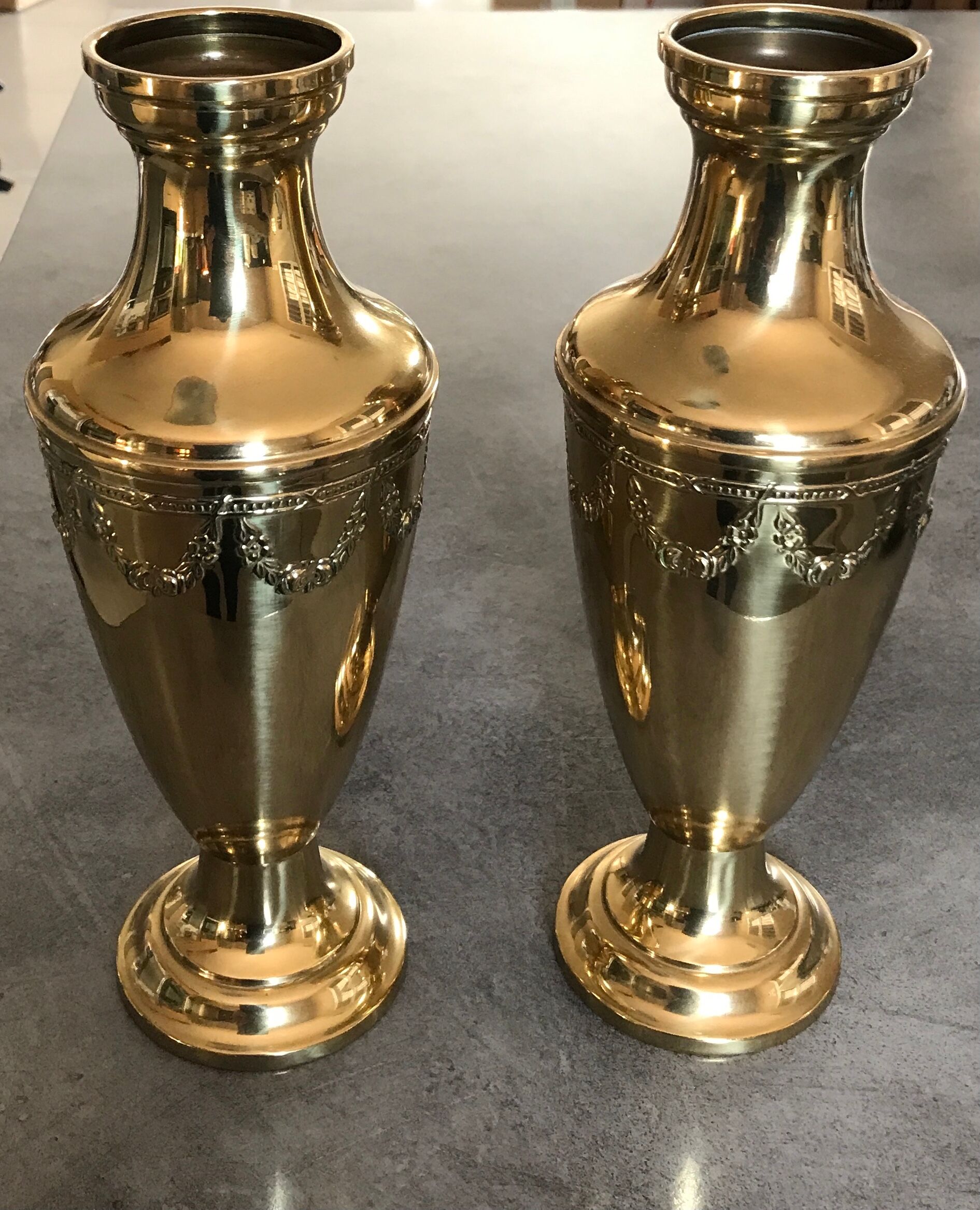 Pair of golden brass vases with floral frieze pattern 27.5 cm