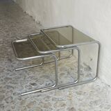 Nesting tables in chrome and smoked glass from the 70s