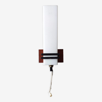 Modernist wall lamp teak, opaline and black metal 1960