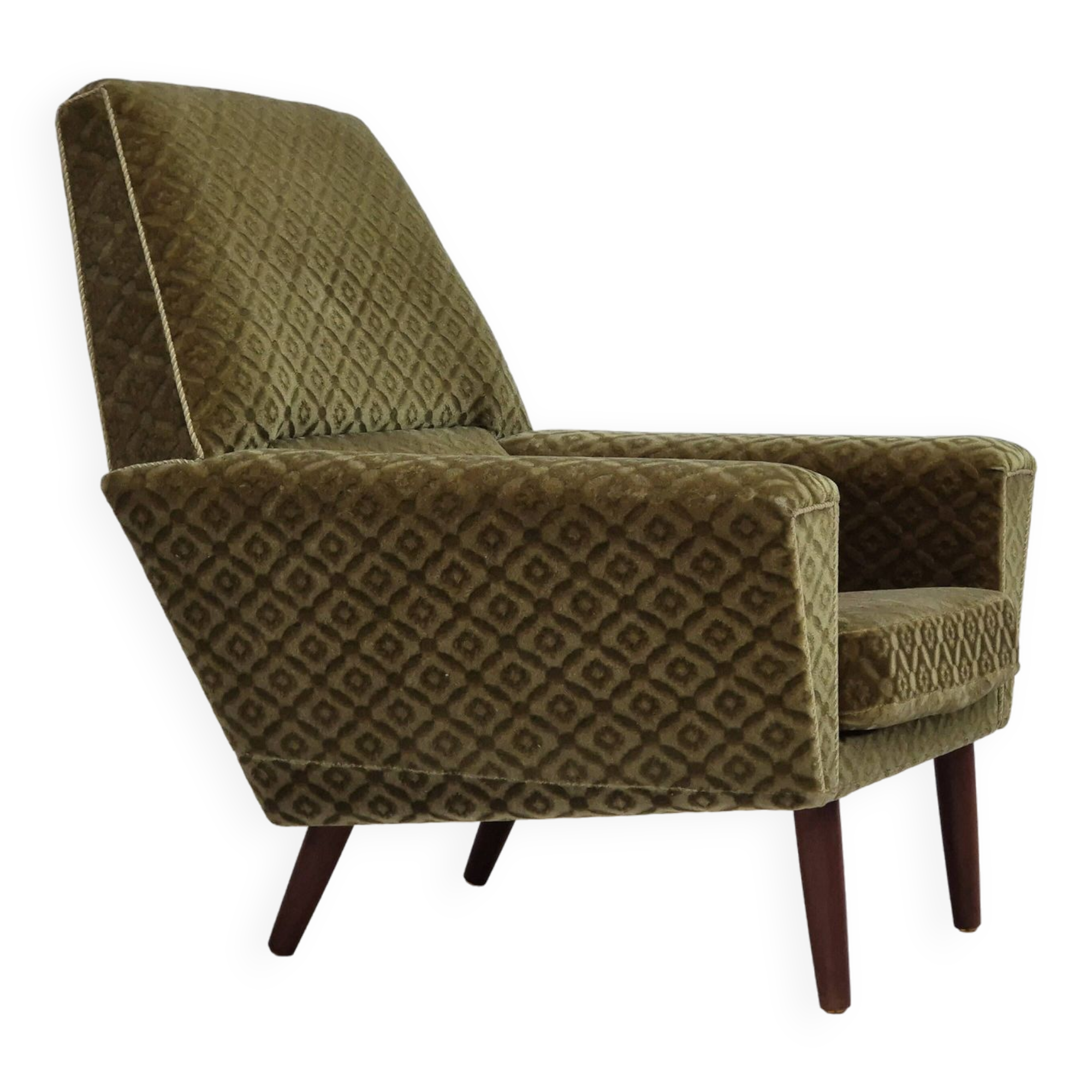 Fauteuil danois à dossier haut de georg thams, revêtement original, velours vert, bois de teck.