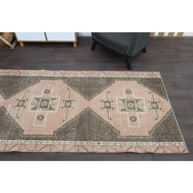 1970s Turkish Oushak Handmade Wool Cotton Brown Runner Rug 120x314