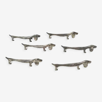 Six silver metal knife holders dachshund shaped