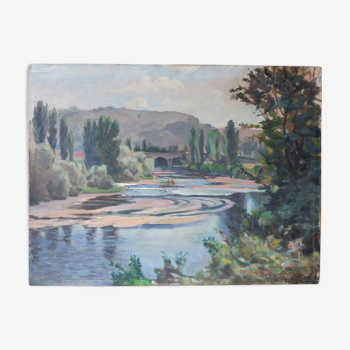 Peinture de Paysage rivière et pont