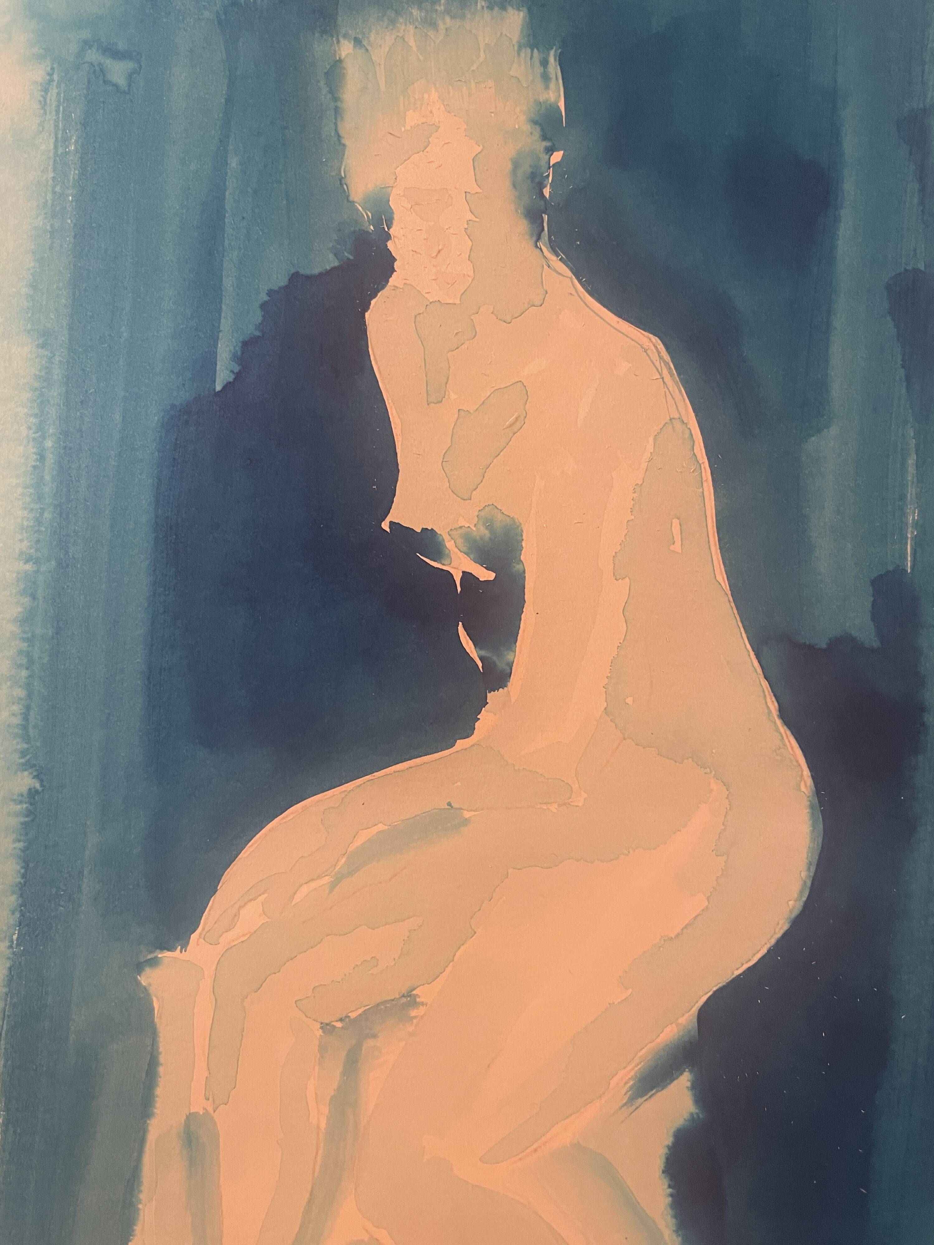 Monochrome blue watercolour tableau collection "blue lady" the pose, signed.