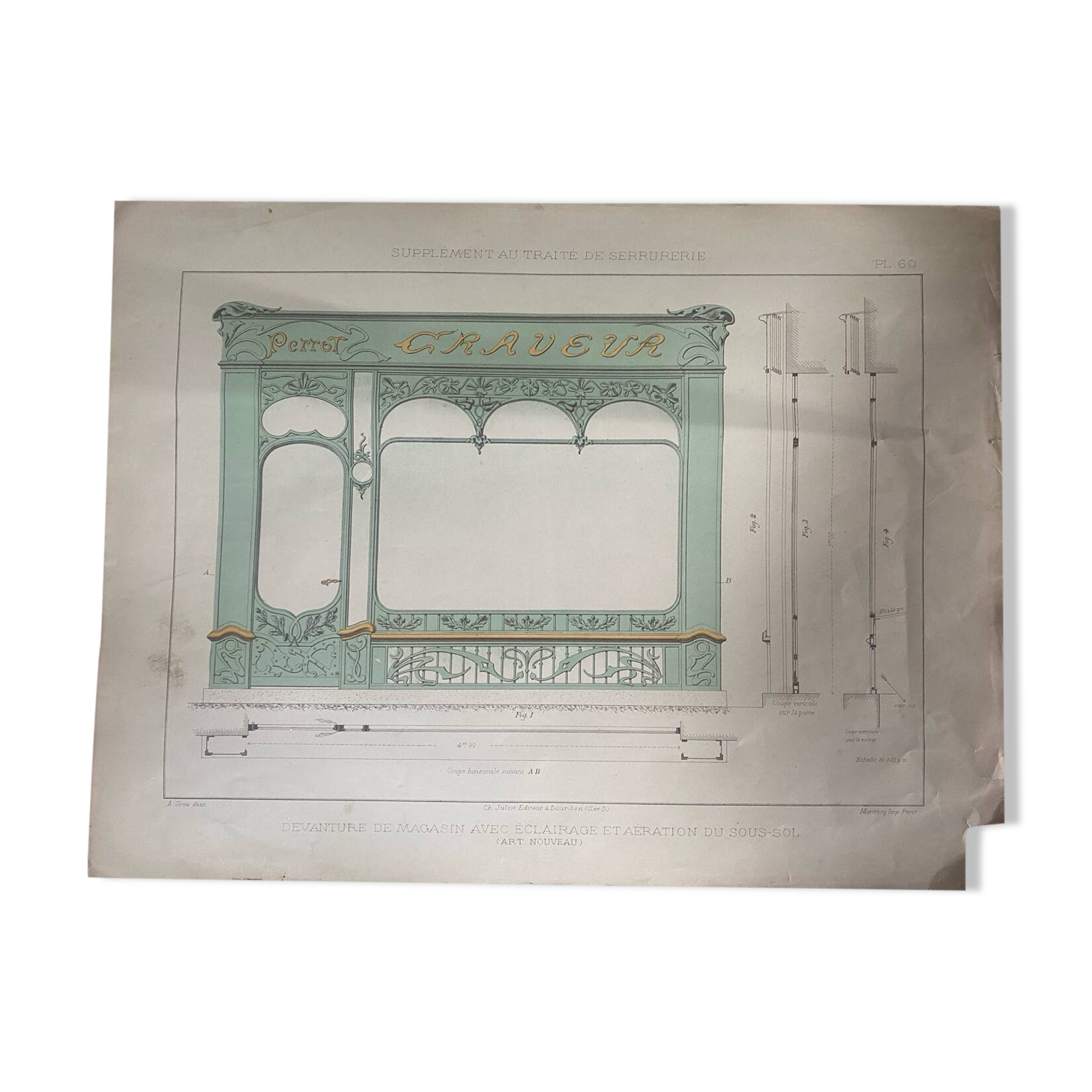 Antique Art Nouveau engraving of a shop front