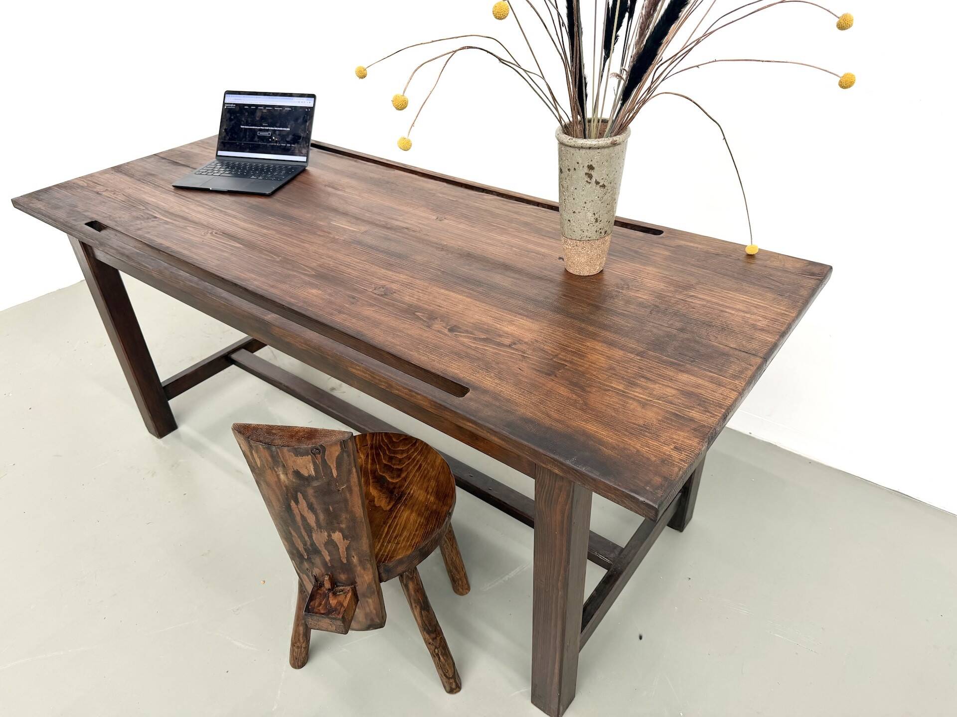 Solid pine work table, grooved top, satin brown finish, year