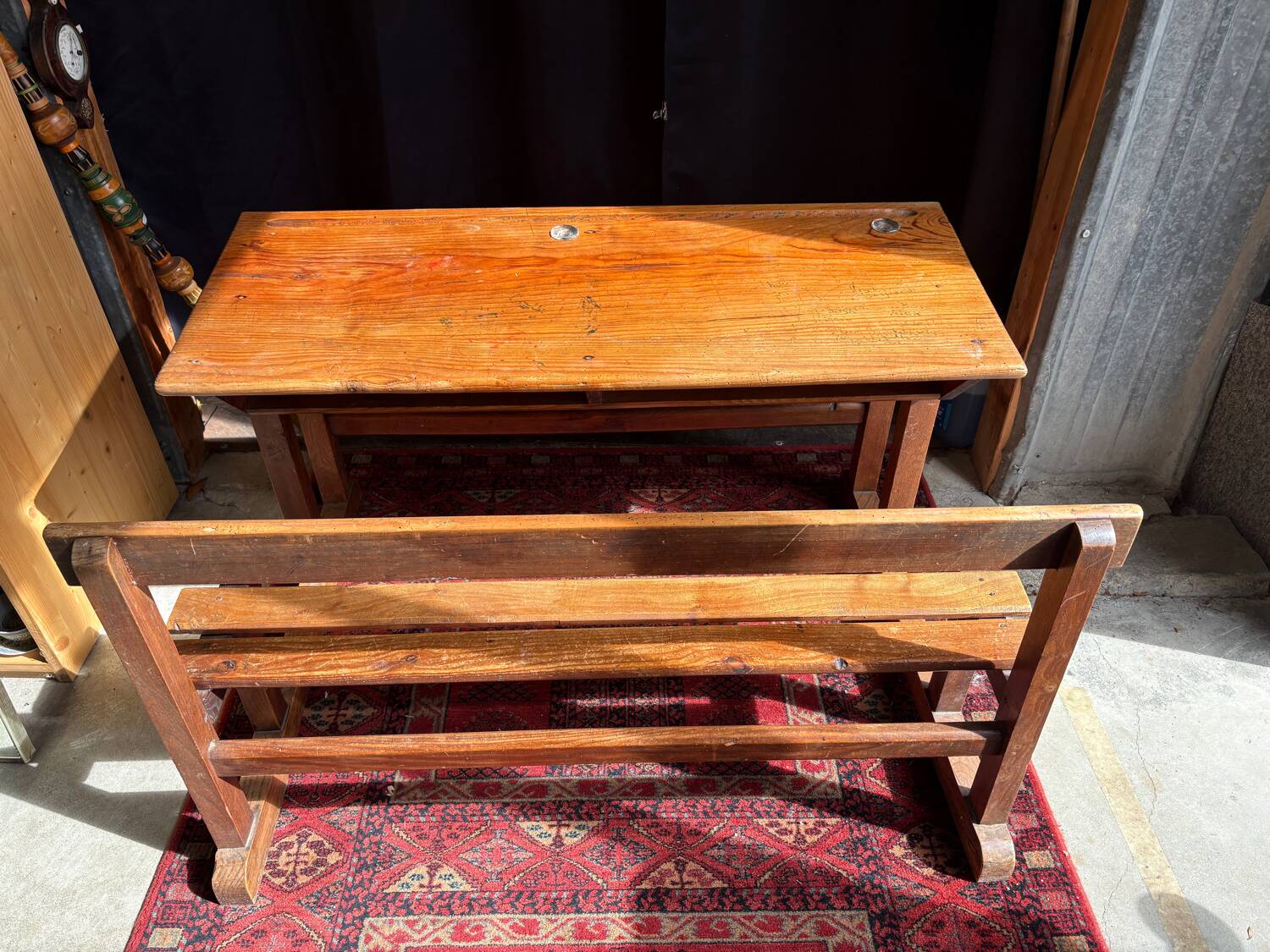Wooden school desk with integrated bench, France, 1950s