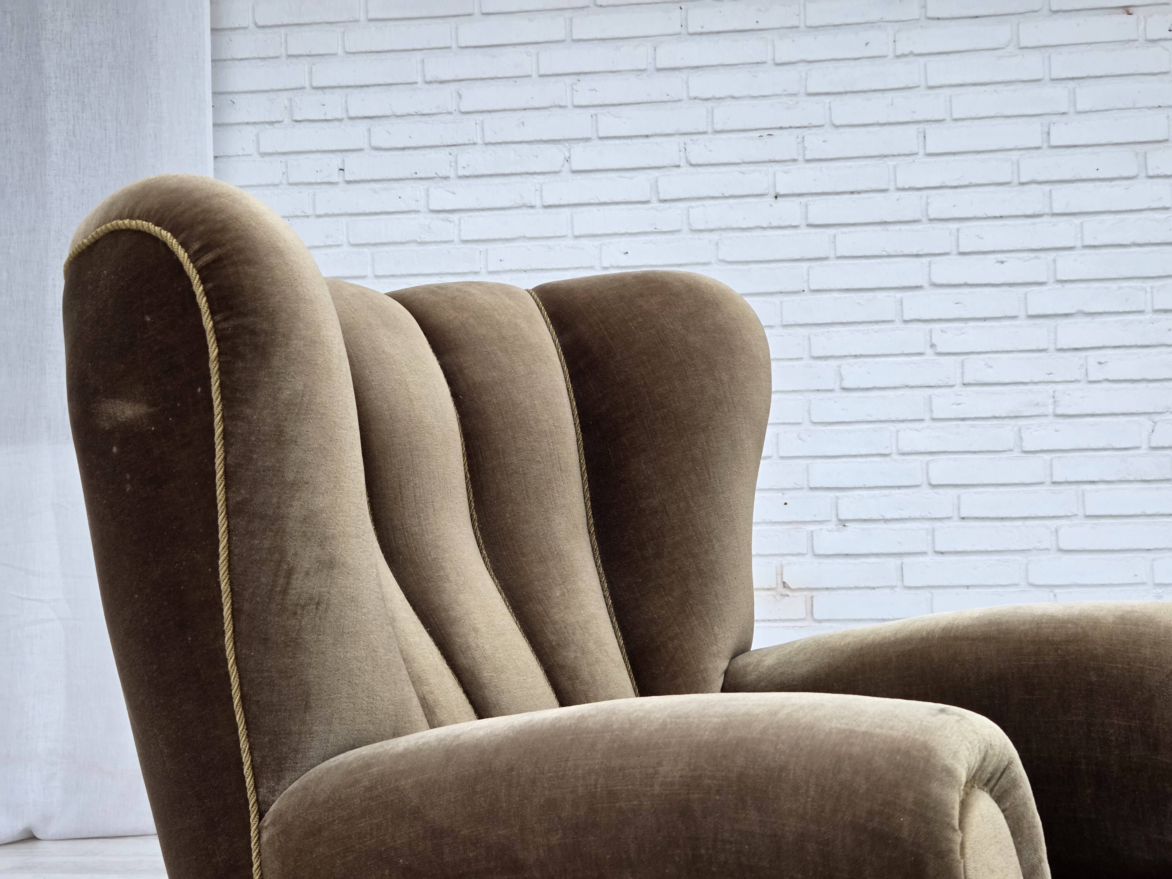 1960s, Danish relax armchair, dark green furniture velour, ash wood.