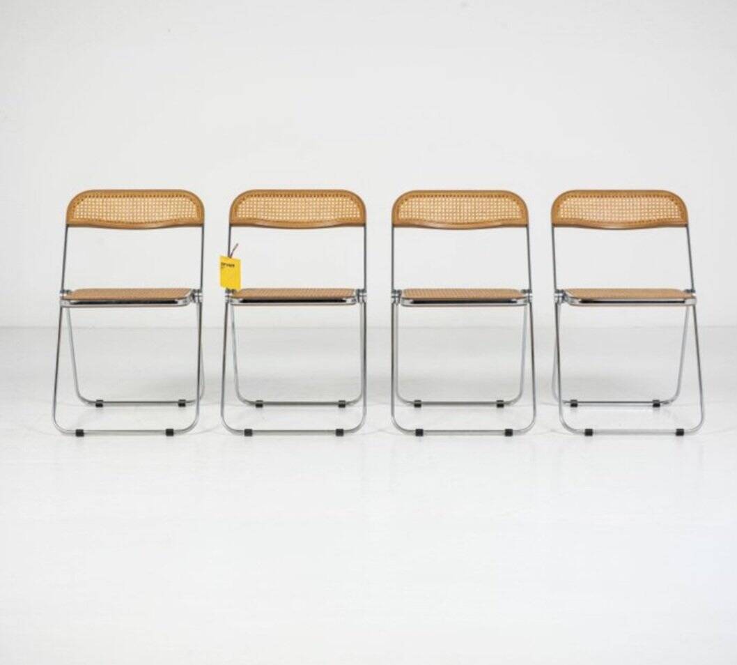 Vintage Plia Folding Chair in Vienna Straw by Giancarlo Piretti for Anonima Castelli, 1970s, Set of 5