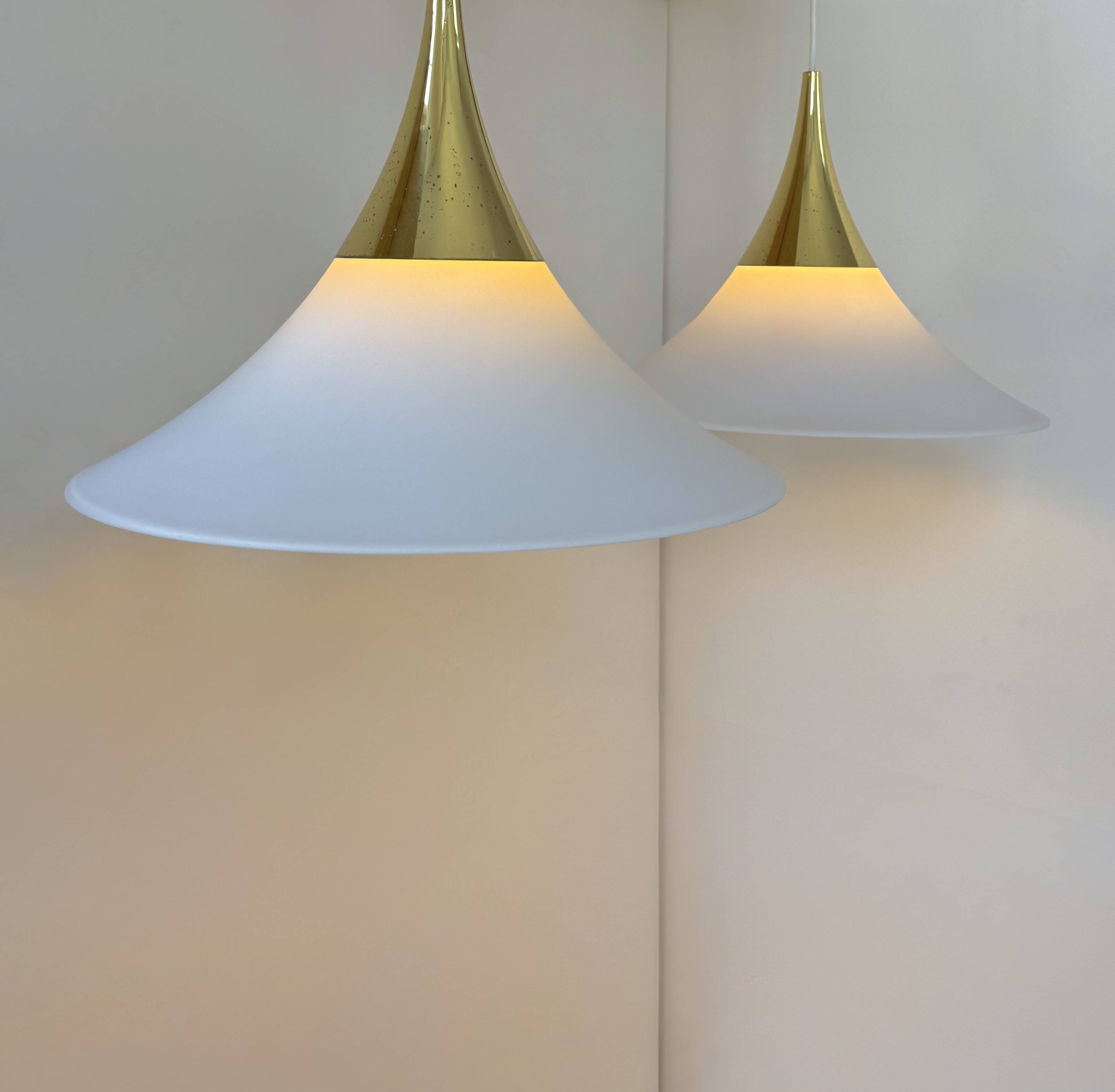 XL Pair of vintage pendants by Limburg, brass and opaline, Germany 1