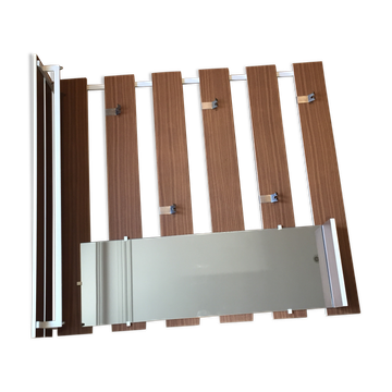 Slatted wall coat rack with mirror, modernist design, 1960s