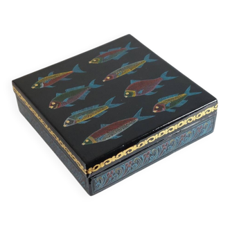 Boîte décorative laquée peinte à la main, années 50