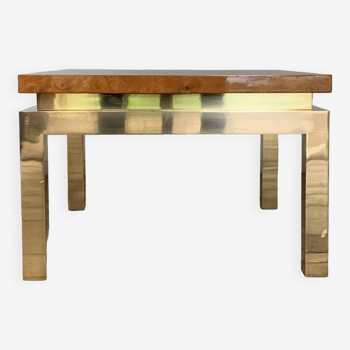 Square coffee table in solid brass and elm.