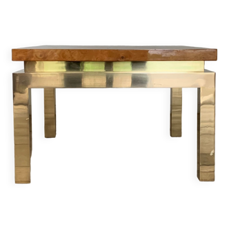 Square coffee table in solid brass and elm.