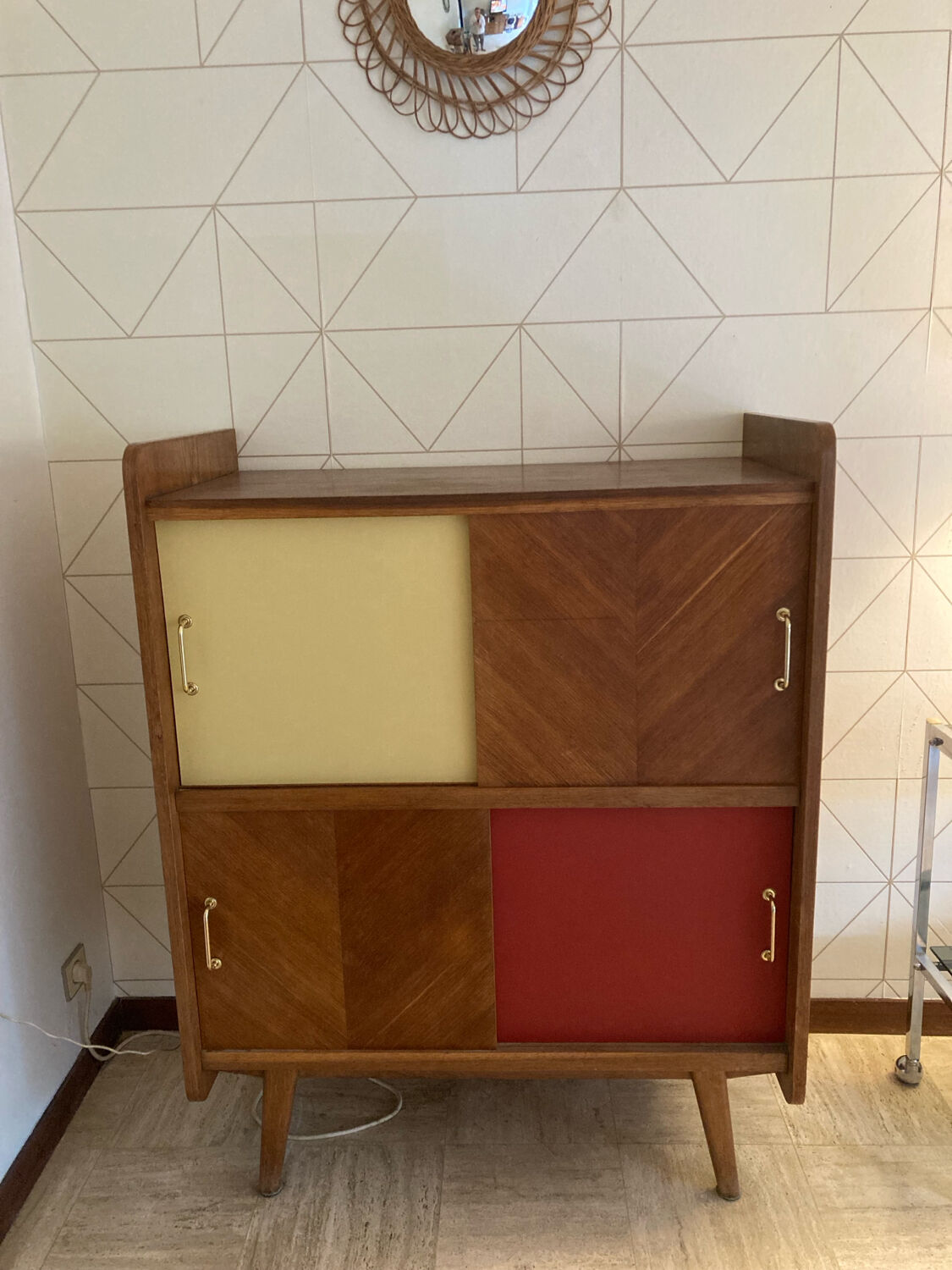 Buffet with 4 sliding doors, vintage wood and Formica