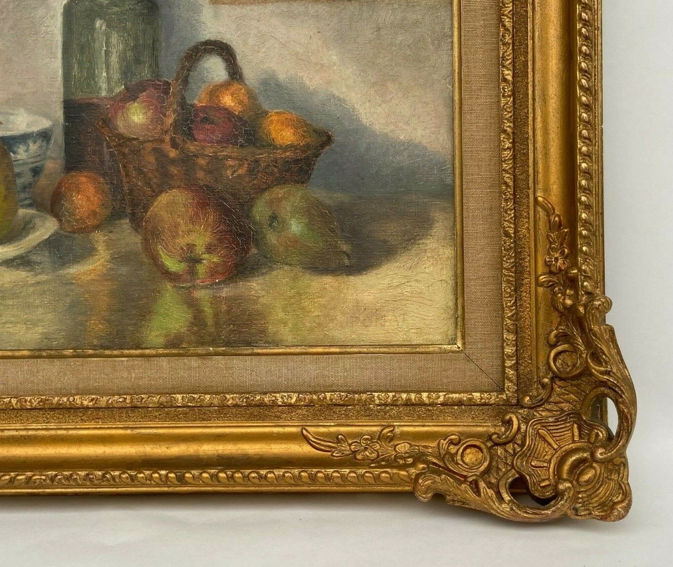 J poisat oil on canvas still life with fruits composition stucco frame