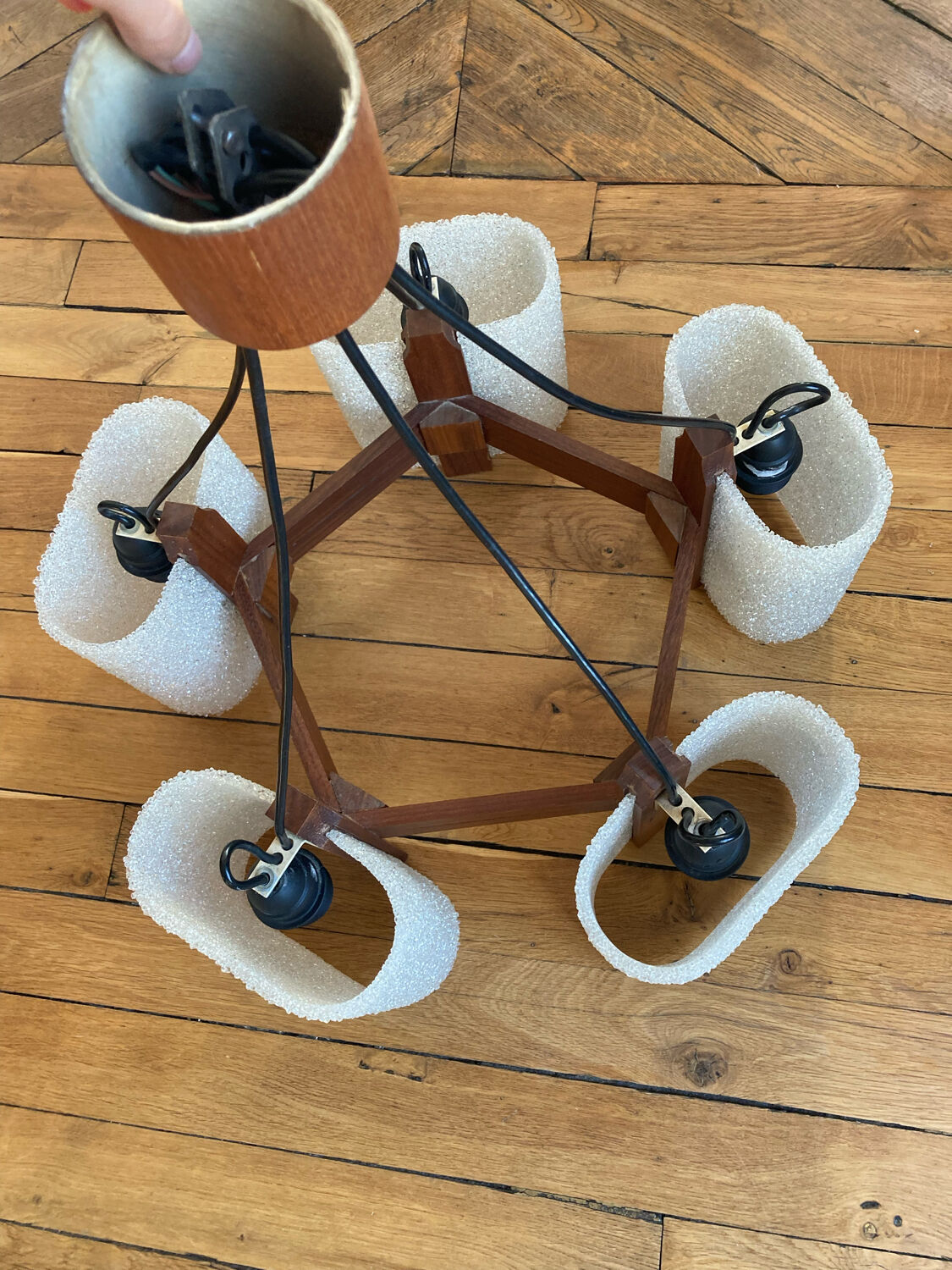 Scandinavian chandelier in teak and perspex