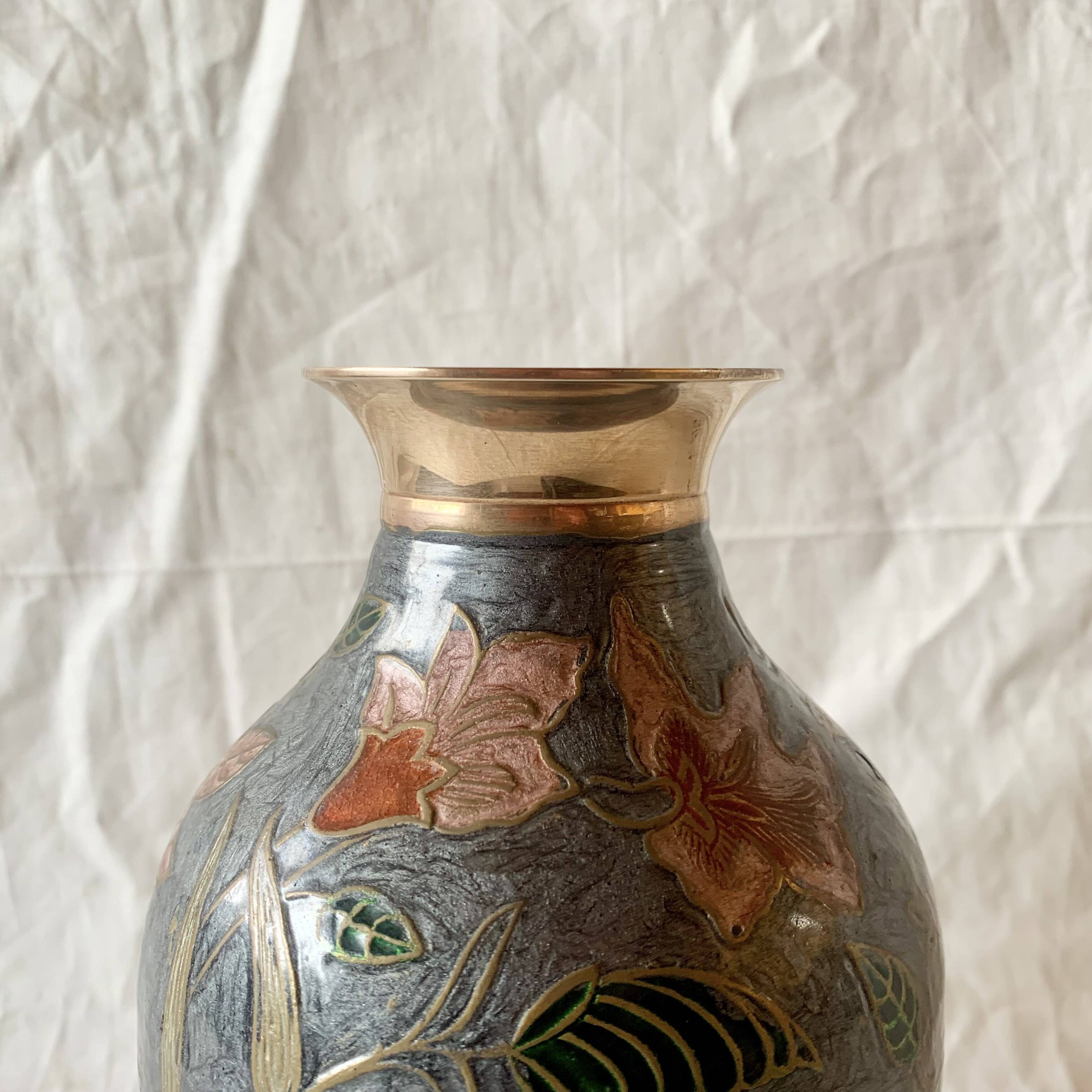 Vintage brass vase with cloisonné enamel floral decoration