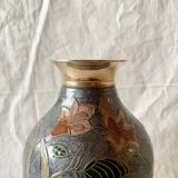 Vintage brass vase with cloisonné enamel floral decoration