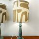 Pair of wooden lamps with custom modernist lampshades.