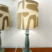 Pair of wooden lamps with custom modernist lampshades.