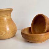 Vintage turned wood pitcher and 2 jars set