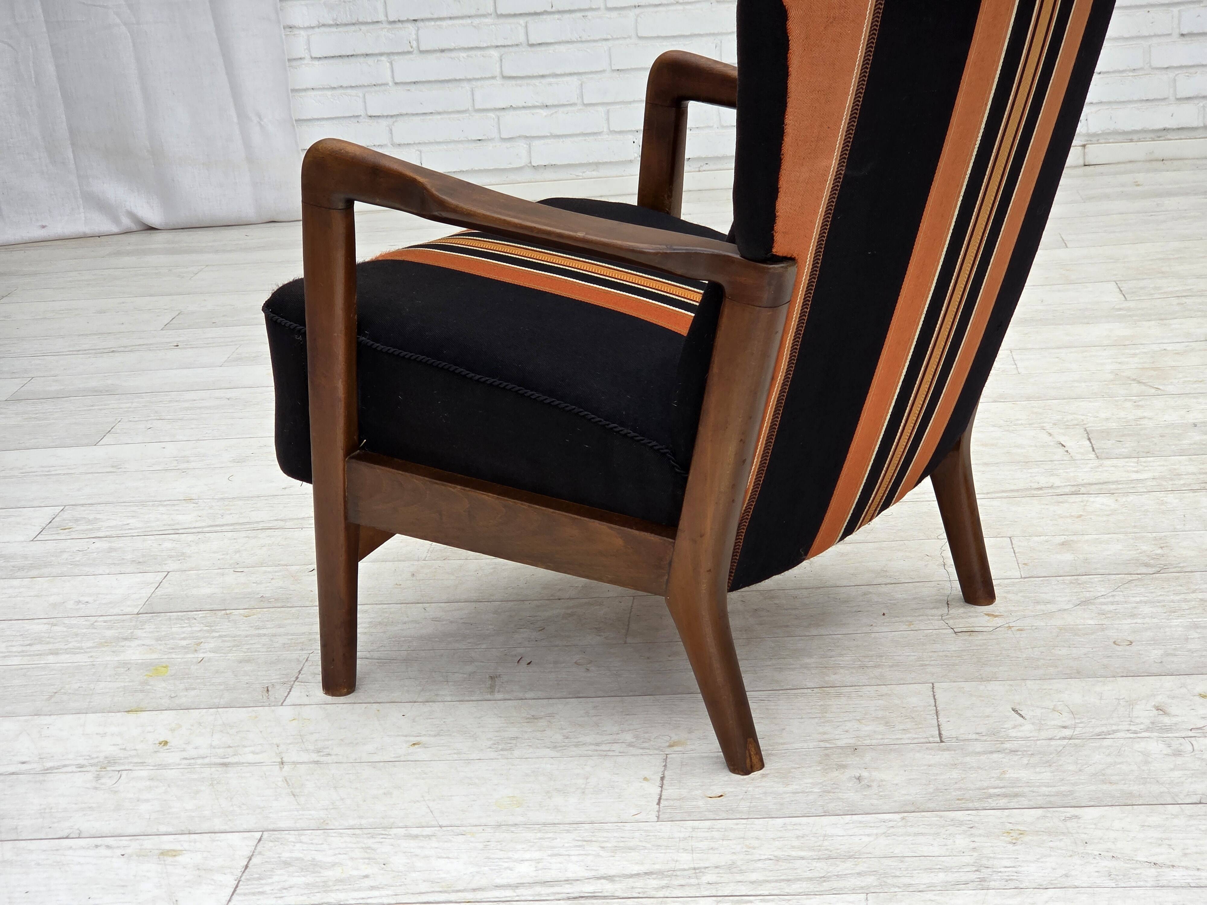 1960s, Danish highback armchair by Fritz Hansen, furniture wool, beech wood