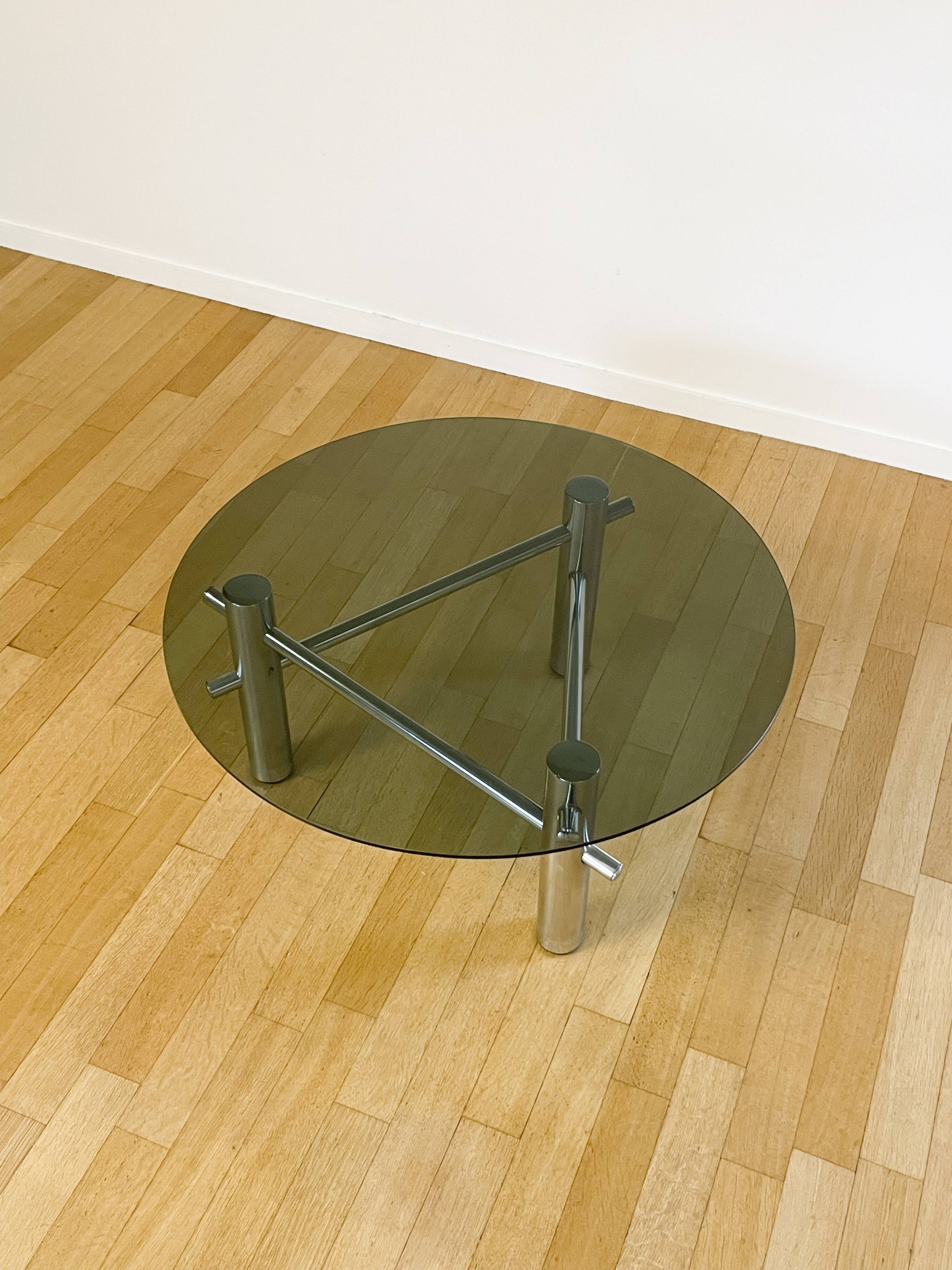 Round coffee table in chrome and smoked glass, 1970s