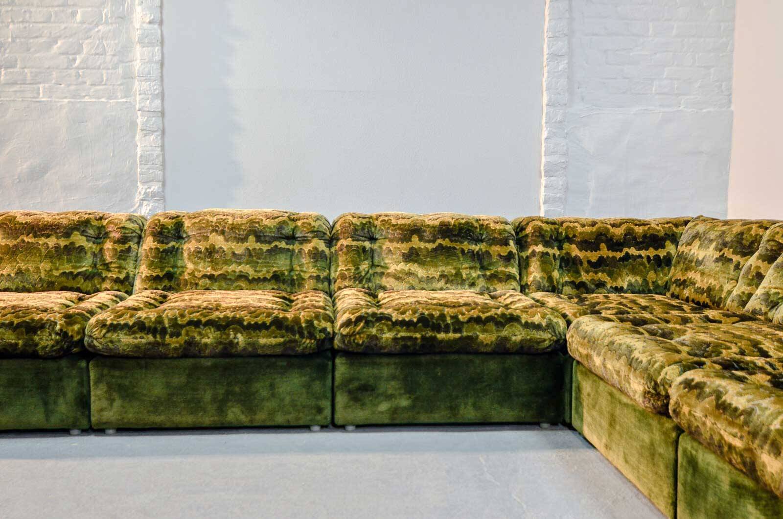 XL Woodstock Style Greenish Velvet Modular Sofa with Ottoman by Laauser 70s
