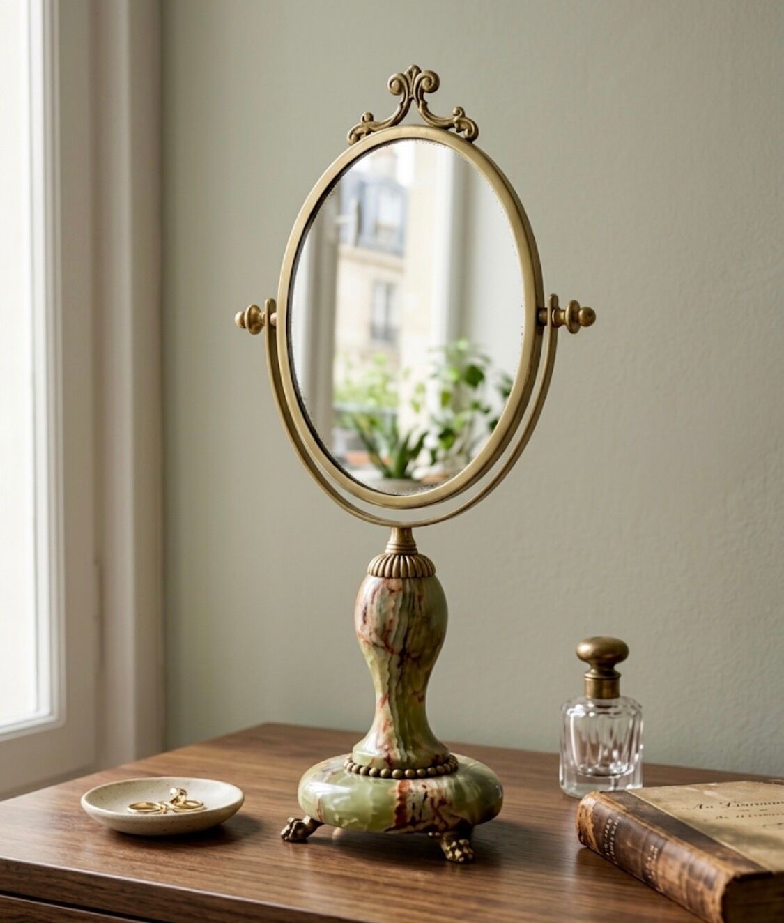 Miroir de table vintage en onyx vert et laiton doré