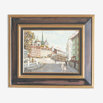 Painting Oil on Canvas signed H.Ecuyer View of Geneva