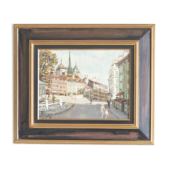 Painting Oil on Canvas signed H.Ecuyer View of Geneva