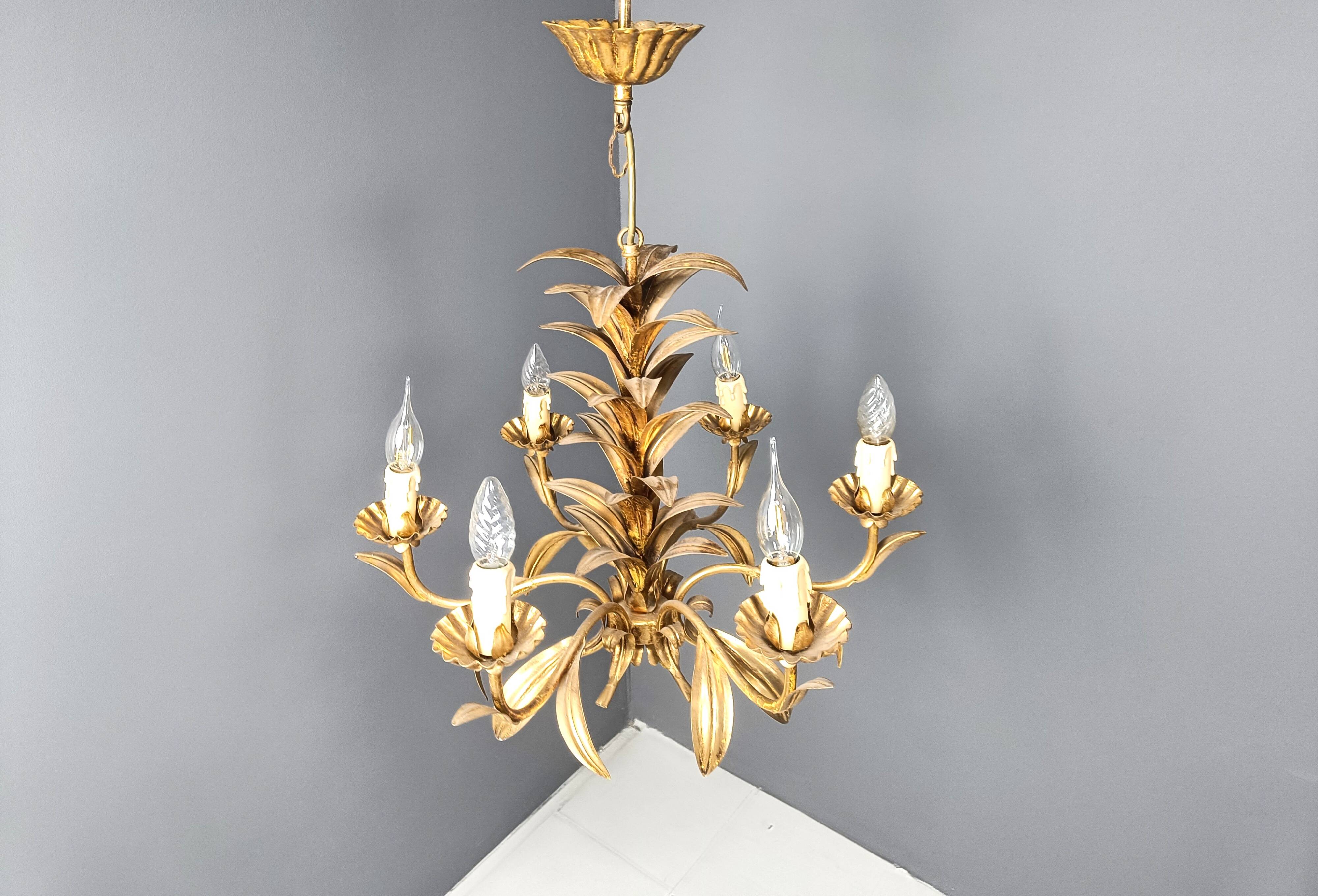 Vintage gilt metal pineapple leaf chandelier, 1960s