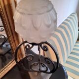 Art Deco period lamp wrought iron and pressed molded glass globe
