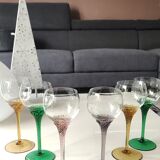 Set of 6 round stemmed glasses. Bohemian crystal. Floral twisted stem.