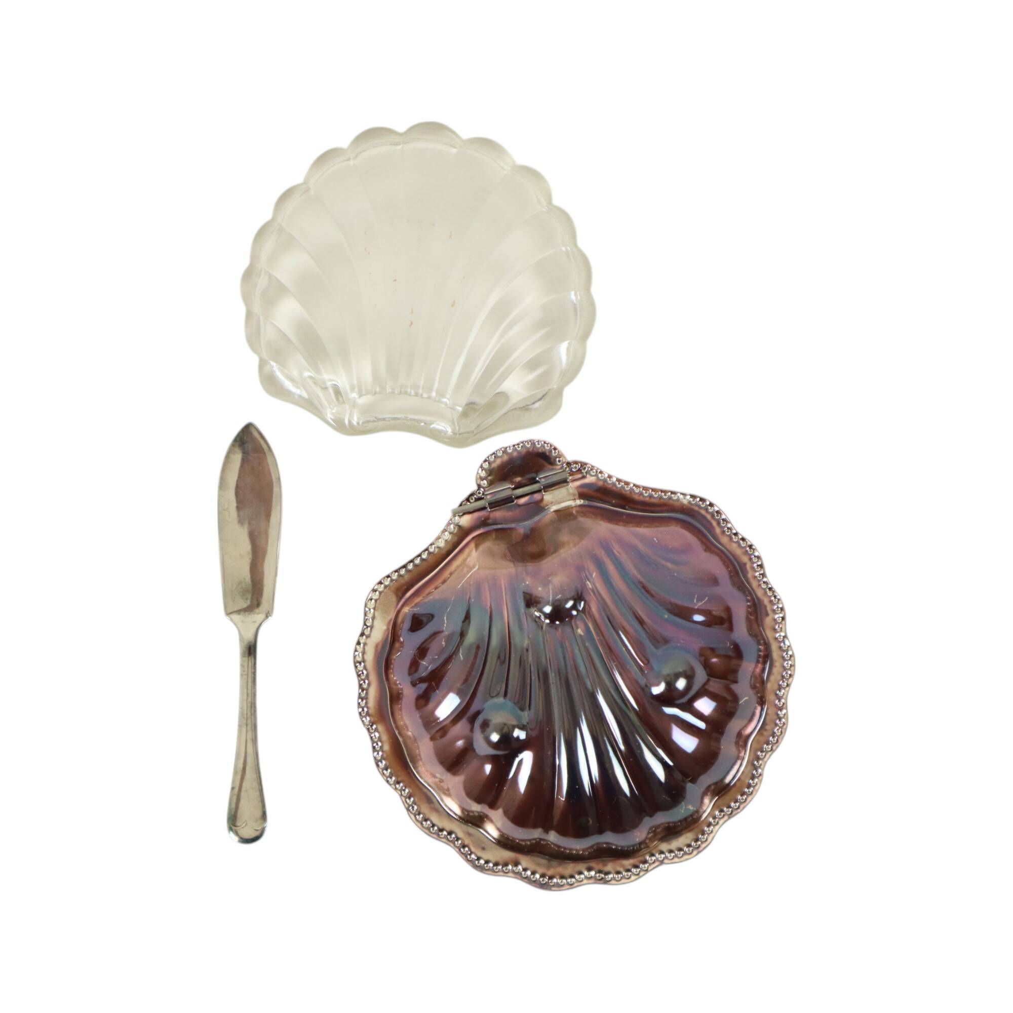 Vintage Scallop Shell Butter Dish Knife Silver Plated Metal Queen Anne