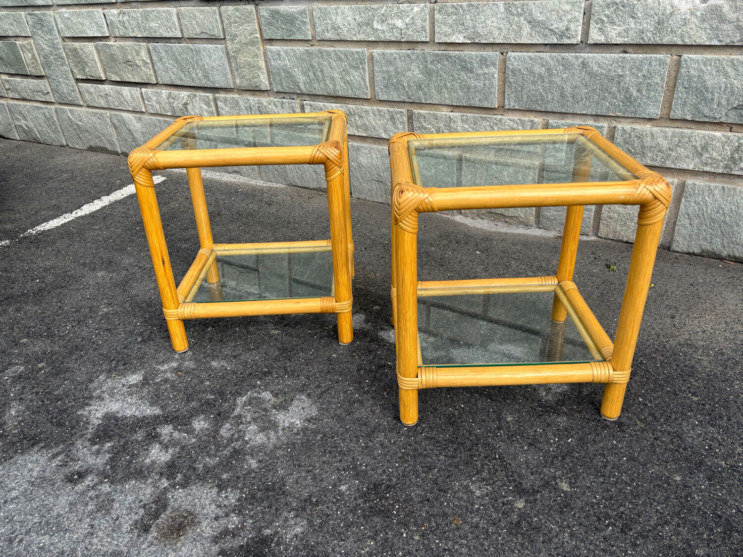 Pair of rattan and glass side tables – 1970s vintage style