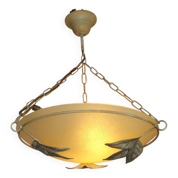 Italian Metal Ceiling Light Gold Leaf Detail Frosted Glass Bowl Shade