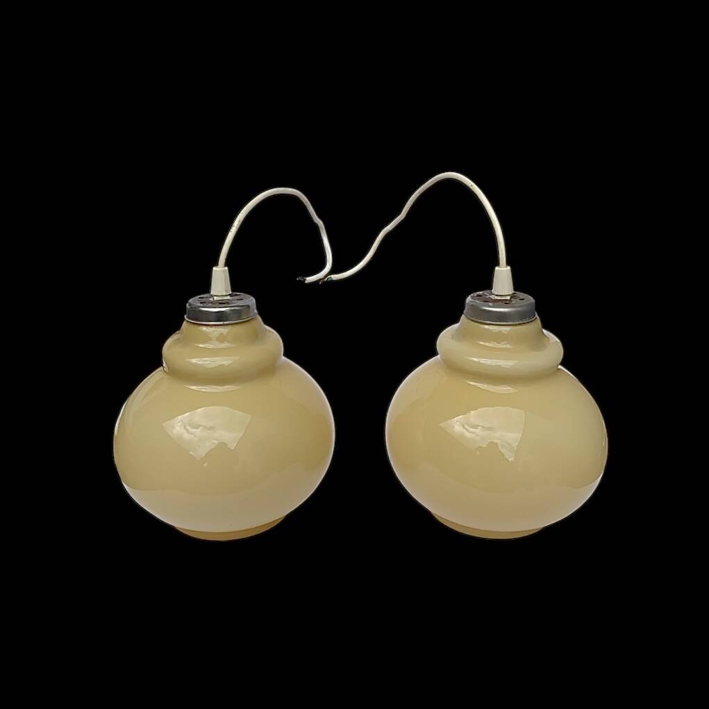 Pair of antique cream opal glass pendant lights – 1970s