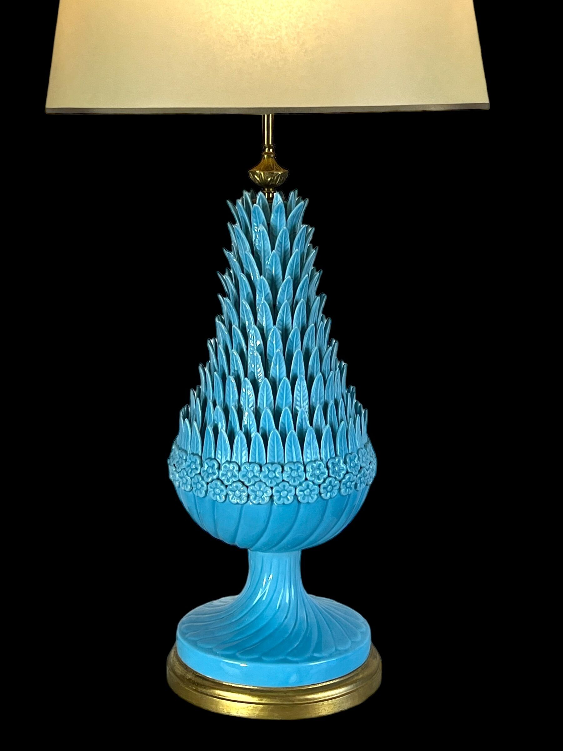1.05 m pineapple lamp in turquoise ceramic on a gilded wooden base from the 1950s